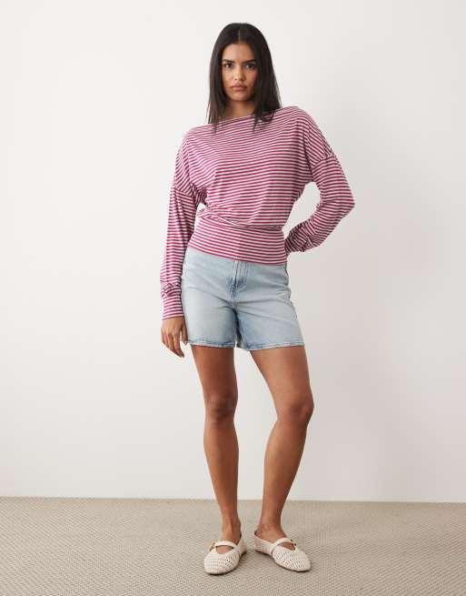 Cotton On Sage off-shoulder long sleeve top in dark lotus stripe , 2 of 4