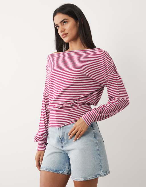 Cotton On Sage off-shoulder long sleeve top in dark lotus stripe , 3 of 4