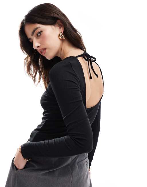 Cotton On Sasha pointelle low back long sleeve top in black