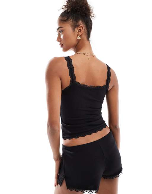 Cotton On – Schlaf-Camisole in Schwarz mit Spitzenbesatz und Waffelstruktur, Kombiteil, 3 von 4