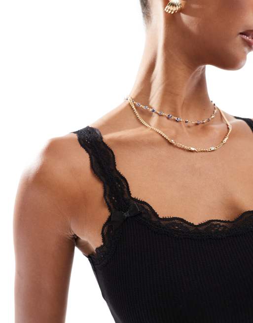 Cotton On – Schlaf-Camisole in Schwarz mit Spitzenbesatz und Waffelstruktur, Kombiteil, 4 von 4