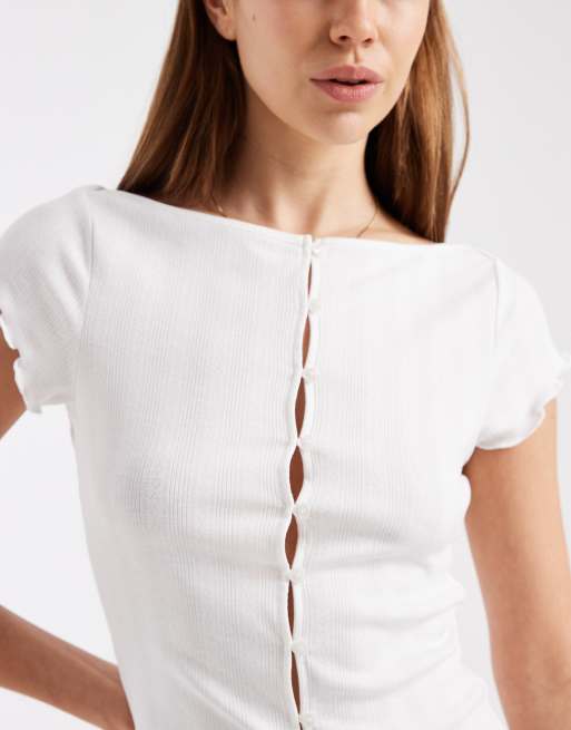 Cotton On – Schlaf-T-Shirt aus Pointelle in Kokosmilchweiß mit Knopfleiste, 2 von 4