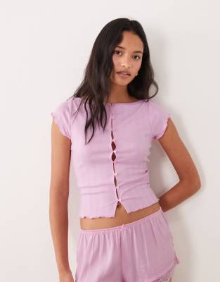 Schlaf-T-Shirt aus Pointelle in rosigem Nebelrosa mit Knopfleiste Rosa 2XL