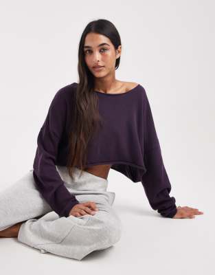 Cotton On - Schulterfreier Cropped-Strickpullover in Schoko-Pflaume-Brown