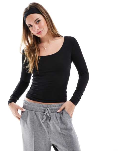 Cotton On scoop long sleeve top in black - view 1