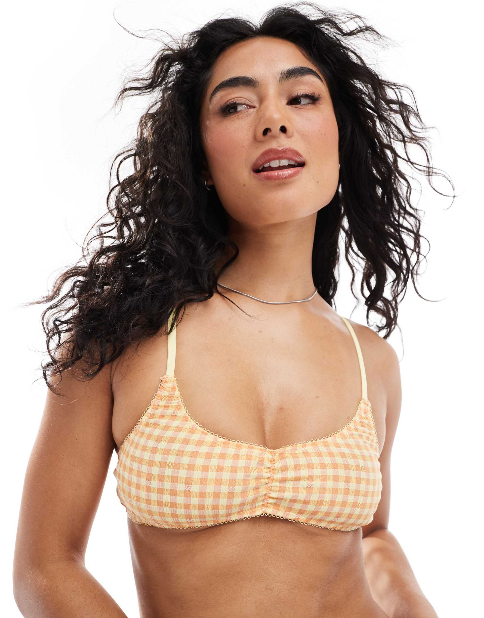 cotton on scoop neck bralette in coral yellow plaid