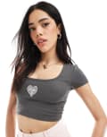 [Cotton:On] Cotton On scoop neck frill edge crop rib baby tee in black-Blue S Graphite