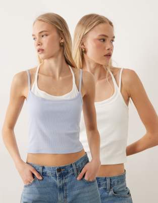 Selep - Doppellagige Camisoles in Kokosmilchweiß und Violettblau, 2er-Pack-Mehrfarbig Mehrfarbig M