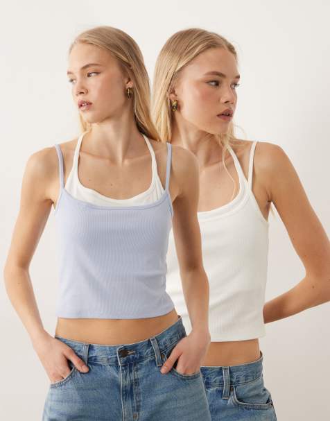 Cotton On – Selep – Doppellagige Camisoles in Kokosmilchweiß und Violettblau, 2er-Pack - view 1