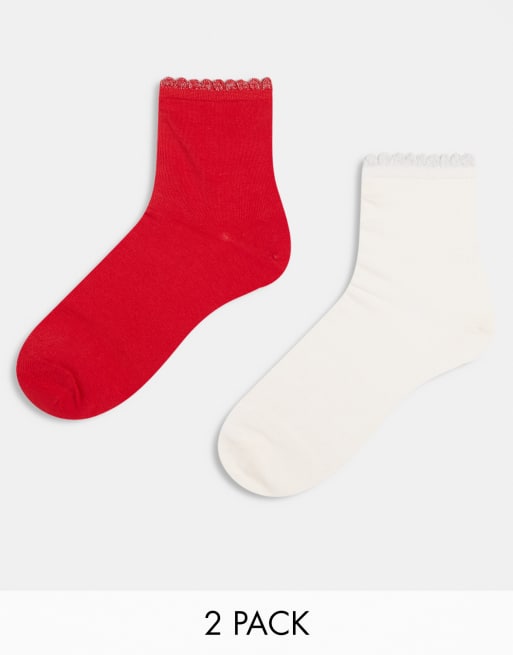 Cotton On - Set van 2 paar sokken met brede boord in parelwit en rood