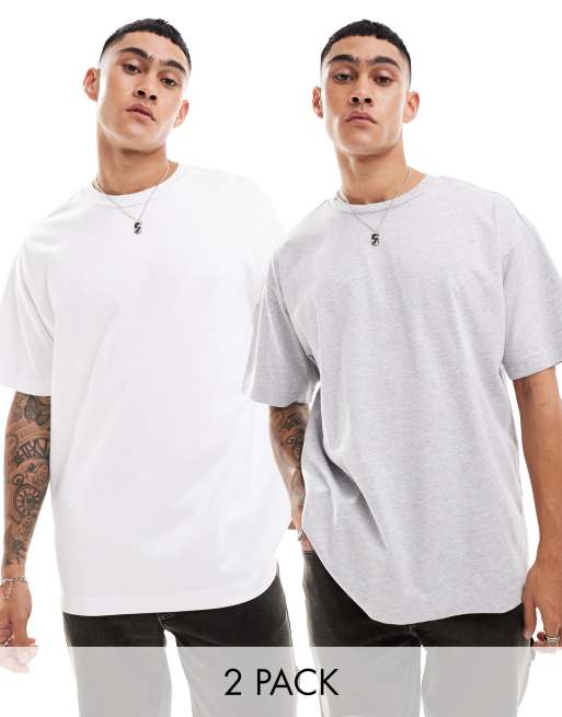 Cotton On - Set van 2 rechte T-shirts van zware stof in grijs en wit 