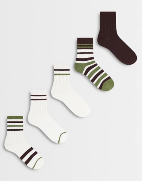 Cotton On set van 5 fijn geribde sokken met ronde hals in donker eikenmos agaatstreep - view 1