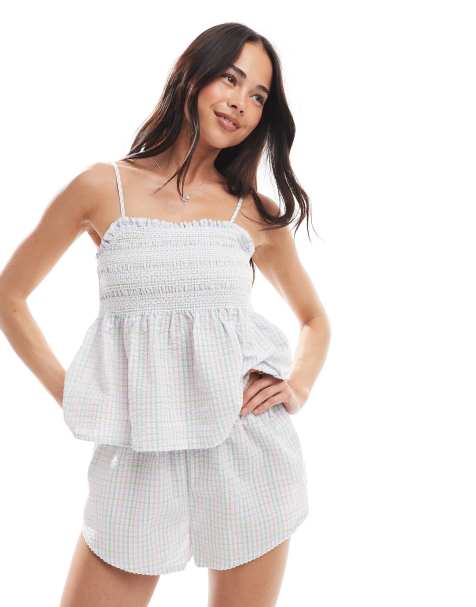 Cotton On shirred woven sleep set in purple and green plaid - view 1