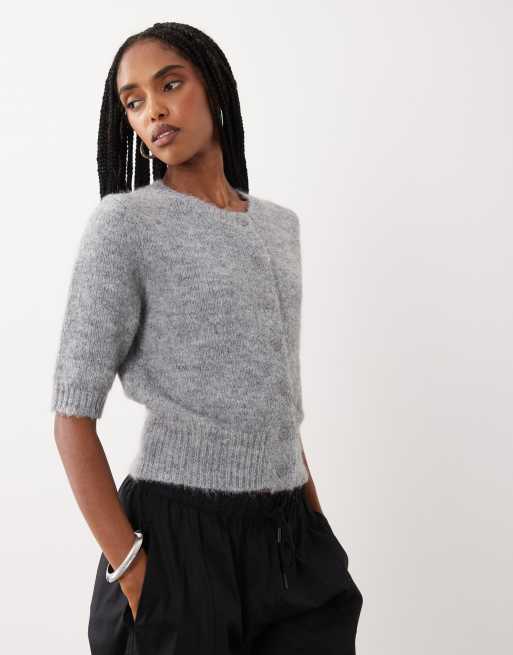 Cotton On short sleeve fluffy cardigan in grey marble, 2 of 4