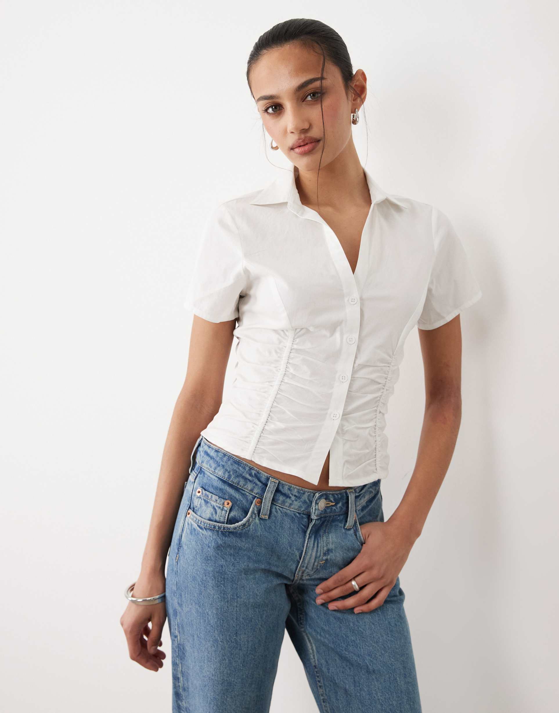 cotton on short sleeve ruched shirt in white