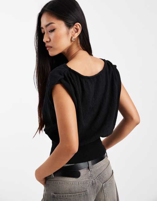 Cotton On short sleeve textured knit batwing top in black, 3 of 4