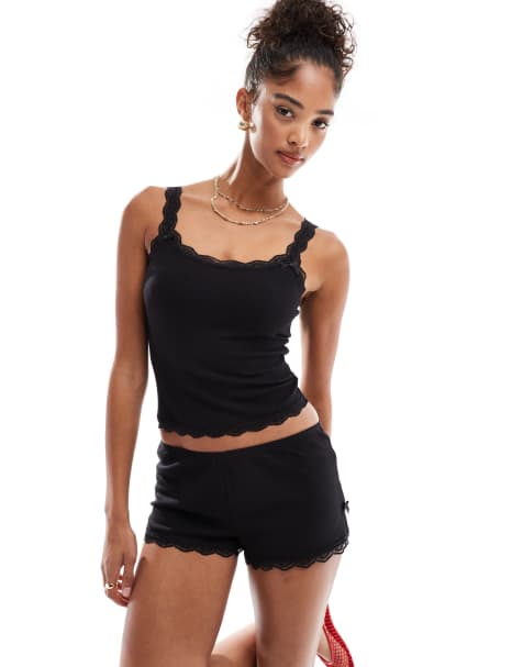Cotton On - Shorty d'ensemble en tissu gaufré avec bords en dentelle - Noir - view 1