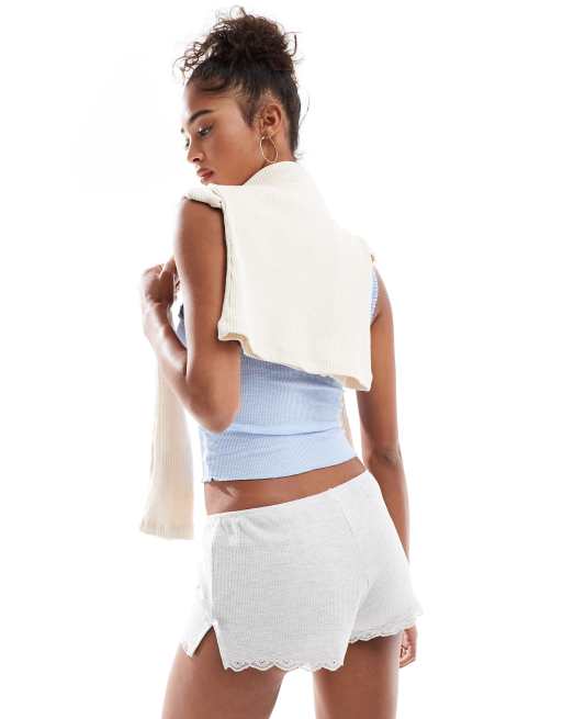 Cotton On - Shorty en tissu gaufré avec bords en dentelle - Gris chiné, 5 de 5