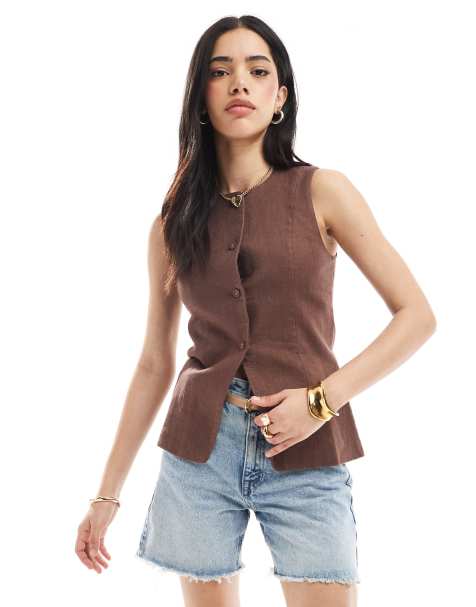 Cotton On - Sienna - Gilet in cotone e lino marrone - view 1