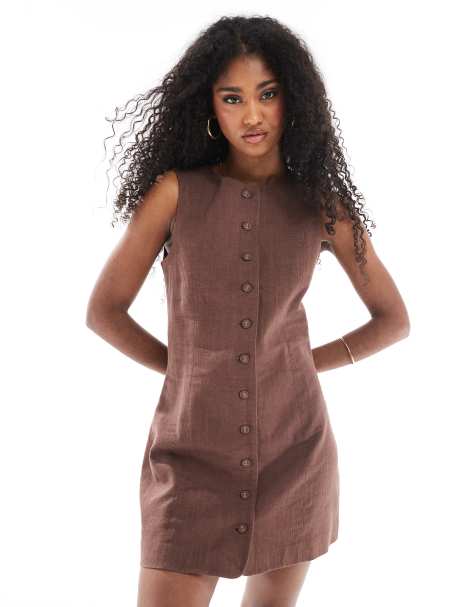 Cotton On - Sienna - Jurk met linen knoopsluiting in chocoladebruin - view 1