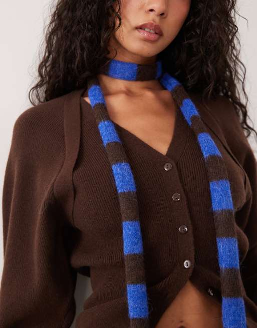 Cotton On skinny scarf in blue brown stripe, 3 of 3