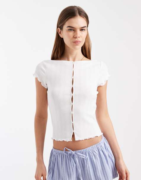 Cotton On - Sleep - Ajourgebreid T-shirt met knoopsluiting in kokosmelk - view 1