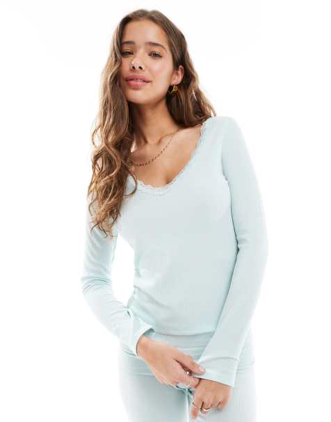 Cotton On sleep lace trim long sleeve top in morning mist blue - view 1