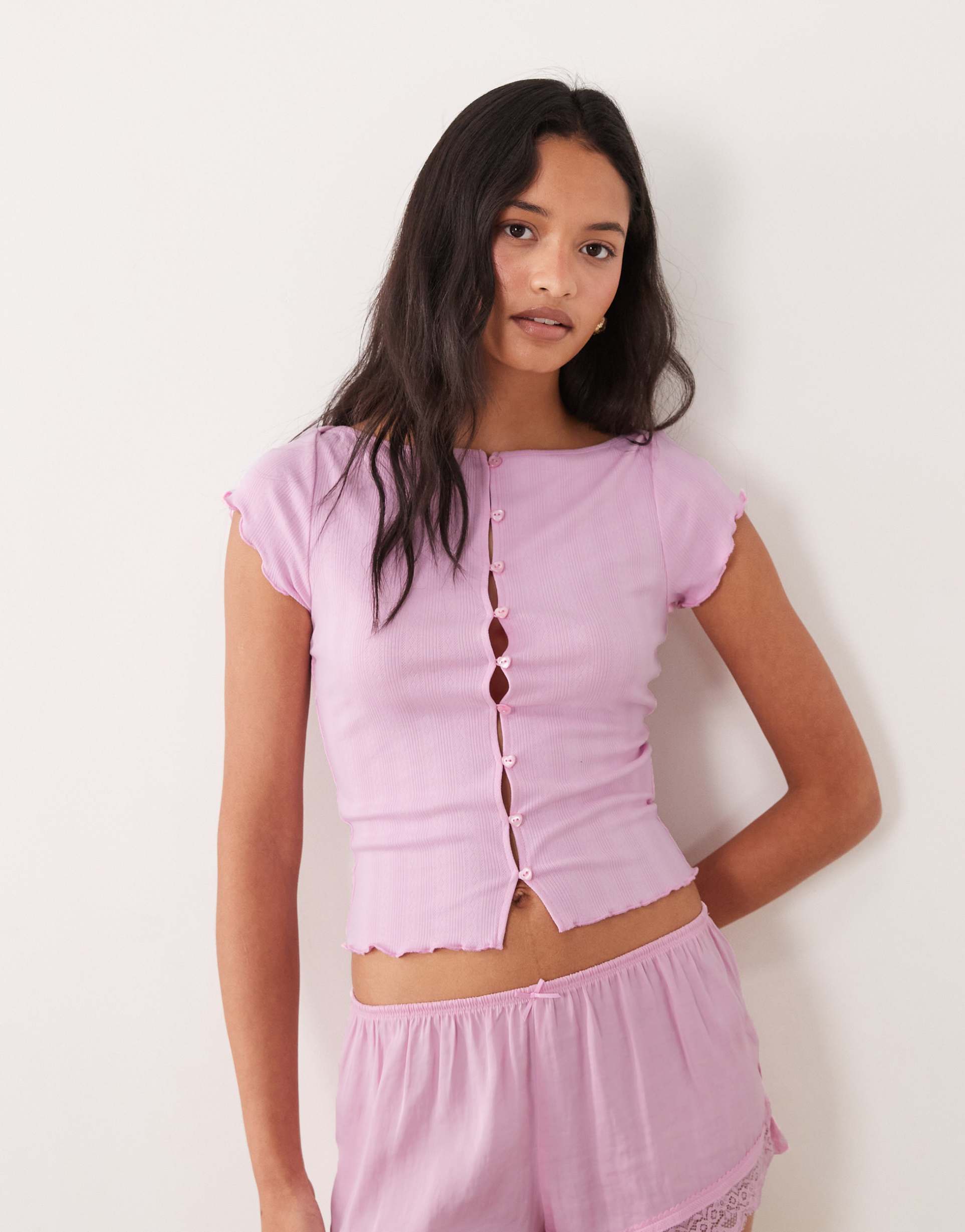 cotton on sleep pointelle button-up t-shirt in rosy haze pink