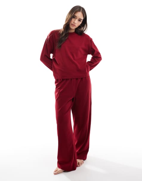 Cotton On sleep pointelle rib long sleeve top in deep red co-ord - view 1