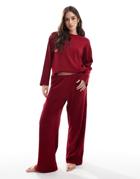 Cotton On sleep pointelle rib pants in deep red - part of a set - view 1