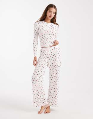 Cotton On Cotton On sleep recovery asia fit wide leg trouser in nancy rose coconut co-ord-Multi