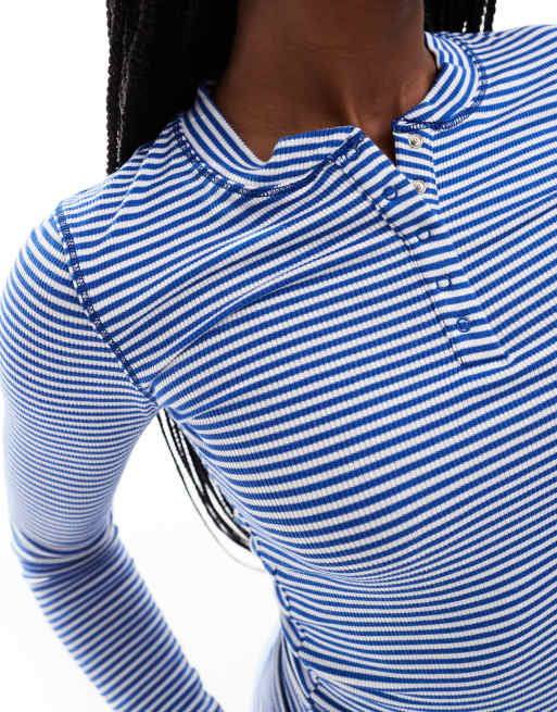 Cotton On - Sleep Recovery - Blå-stribet Henley-pyjamastop med lange ærmer, 4 af 4