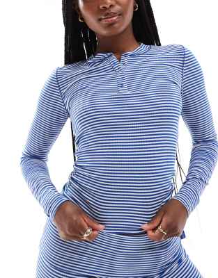 Cotton:On Cotton On sleep recovery henley long sleeve pajama top in blue stripe set-Multi