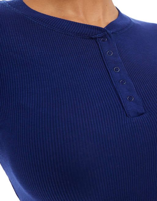 Kissfix Women's Long Sleeve Henley Top - Ribbed Knit Casual Blouse With Button Details (Blue, X-Large) - Fall 2024 Basic Shirt - View #3