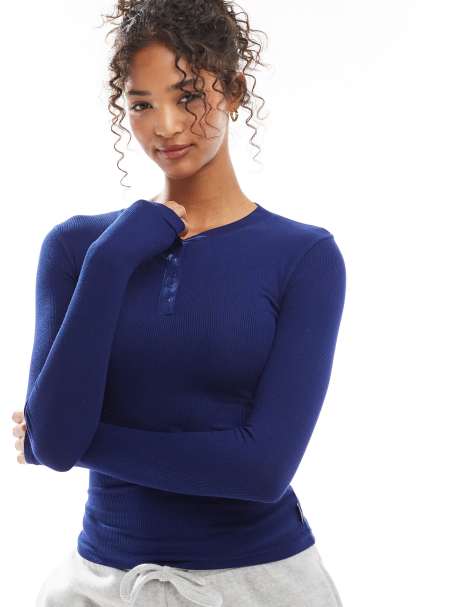 Cotton On Sleep Recovery henley long sleeve pyjama top in blue - view 1