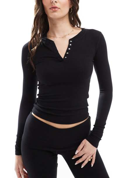 Cotton On sleep recovery henley long sleeve top in black co-ord - view 1
