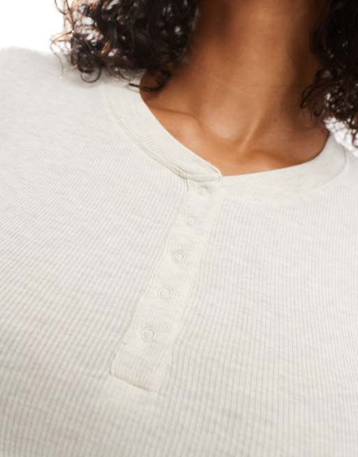 Cotton On sleep recovery henley long sleeve top in cream marle co-ord, 2 of 4