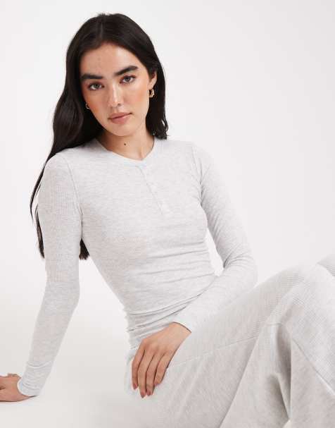Cotton On Sleep Recovery henley long sleeve top in light grey marl (part of a set) - view 1