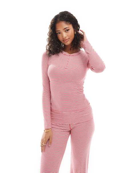 Cotton On sleep recovery henley long sleeve top in red and white stripe - part of a set - view 1