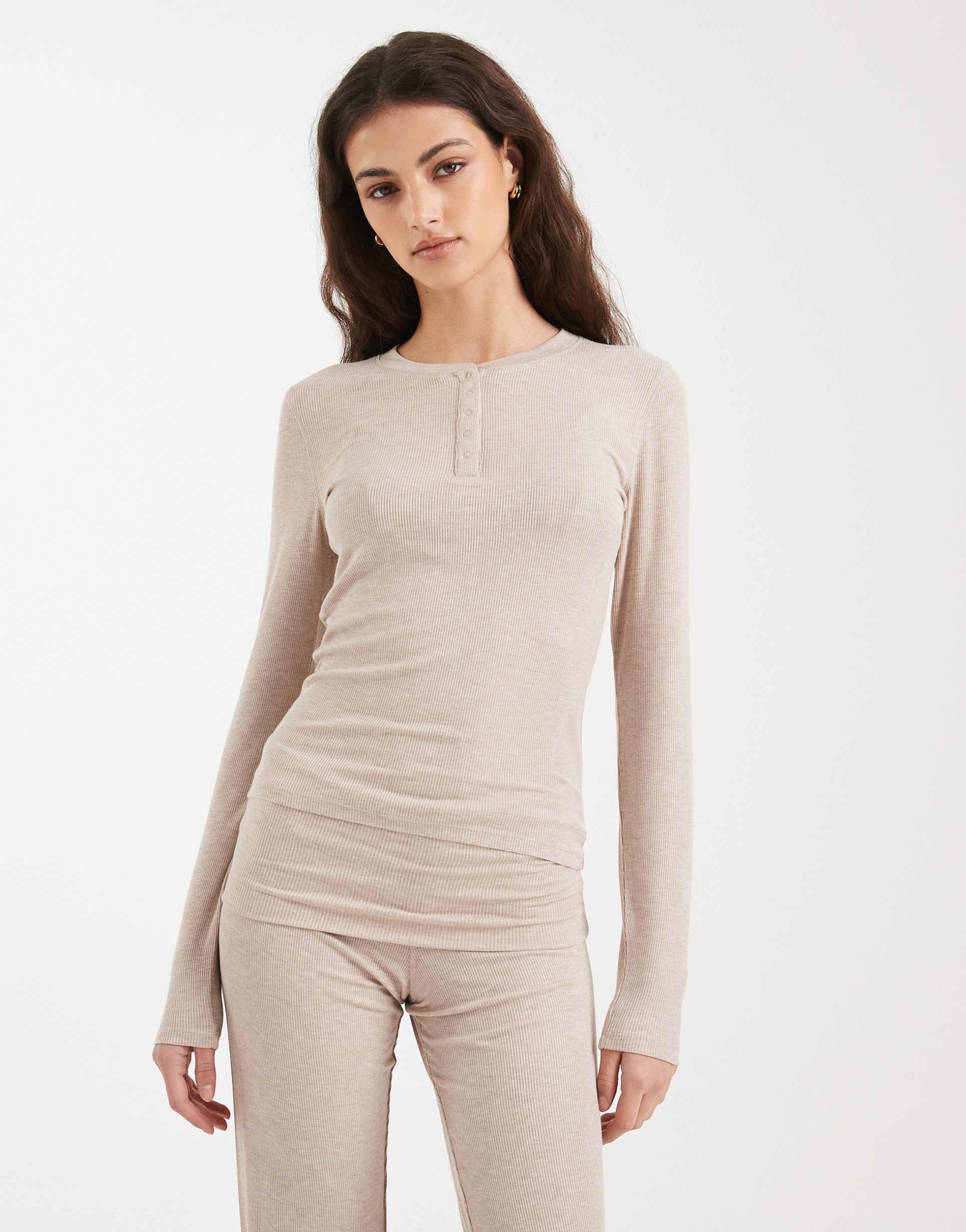 cotton on sleep recovery henley long sleeve top in sesame heather