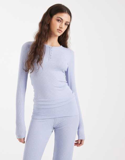 Cotton On sleep recovery henley long sleeve top in violet blue spot - view 1