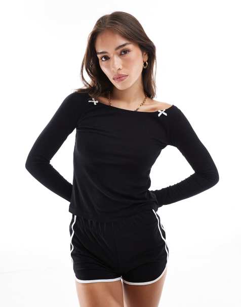 Cotton On - Sleep Recovery - Pyjamatop met boothals in zwart met strikjes - view 1