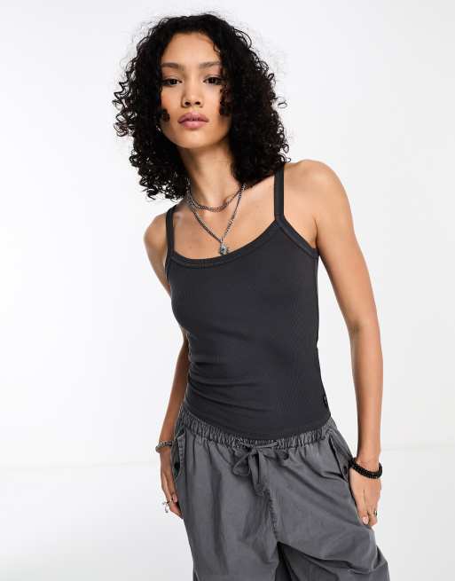 Spaghetti Strap Rib Tank in Black