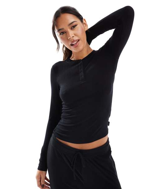 Cotton On - Sleep Recovery - Top de pyjama à manches longues et col tunisien - Noir - view 1