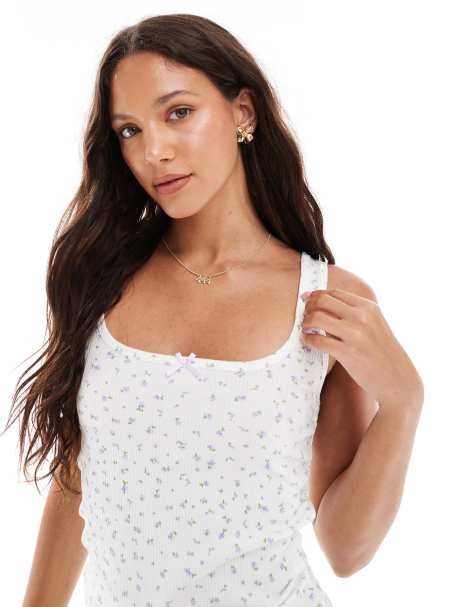 Cotton On sleep rib knit lace ruched tank top in coconut milk delicate floral - view 1