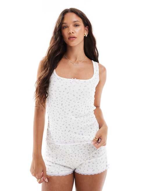 Cotton On sleep rib knit lace ruched tank top in coconut