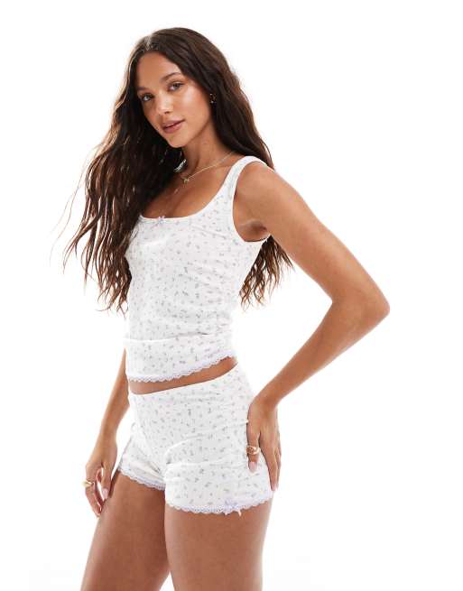 Cotton On sleep rib lace boy shorts in coconut milk ditsy floral