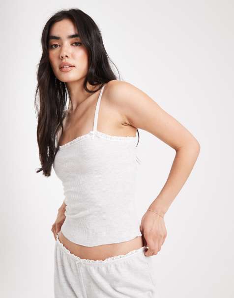 Cotton On – Sleep – Waffel-Camisole-Oberteil in meliertem Hellgrau mit eckigem Ausschnitt, Kombiteil - view 1