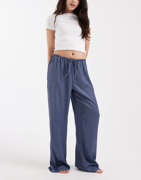 Cotton On sleep wash satin wide leg trouser in blue stripe - view 1