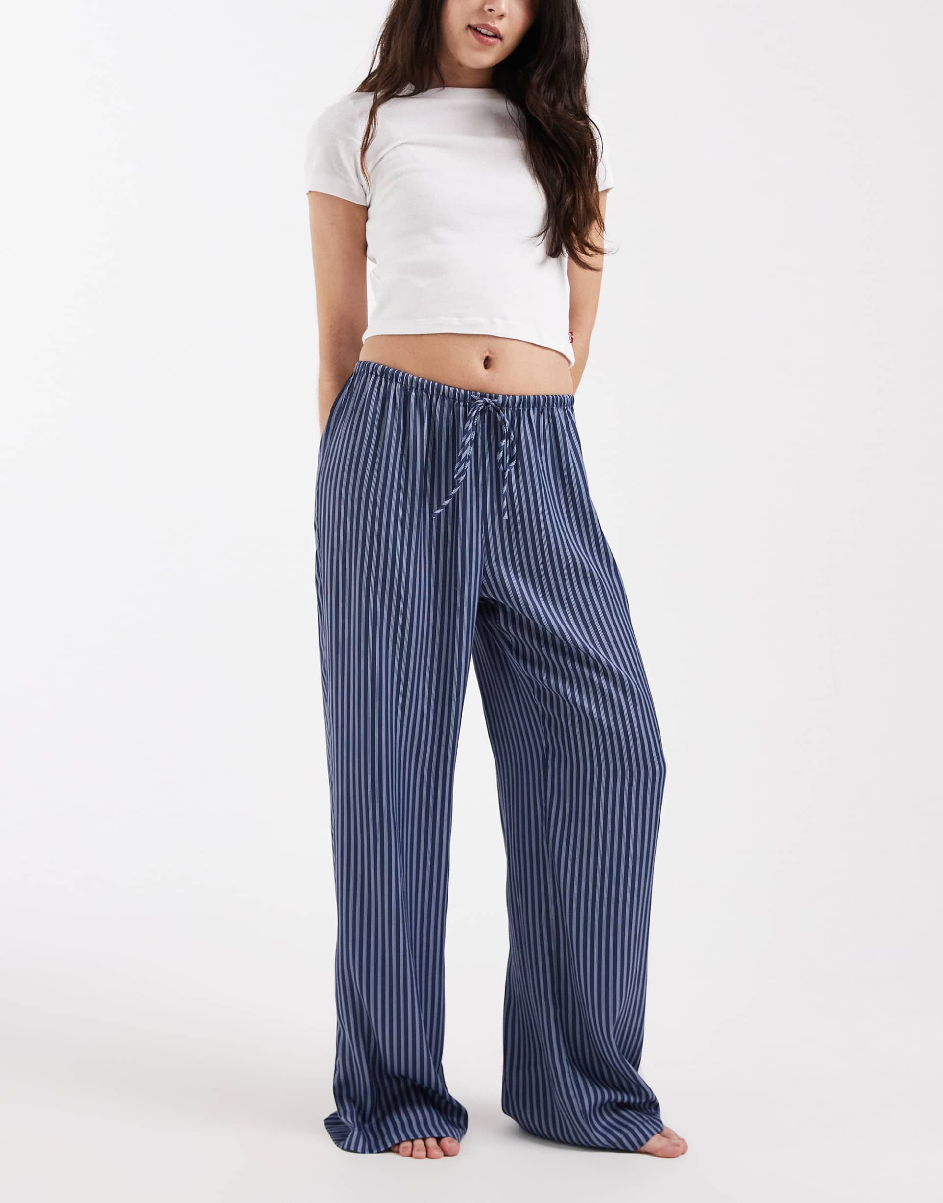 cotton on sleep washed satin wide leg pants in blue stripes